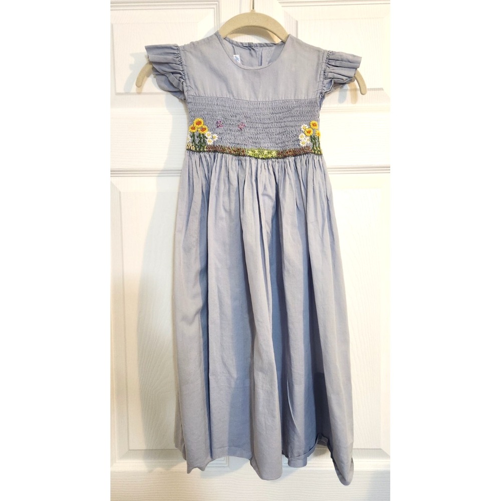 Mela Wilson Hand Smocked Daisies Butterflies French Blue Tie Back Dress Size 6
